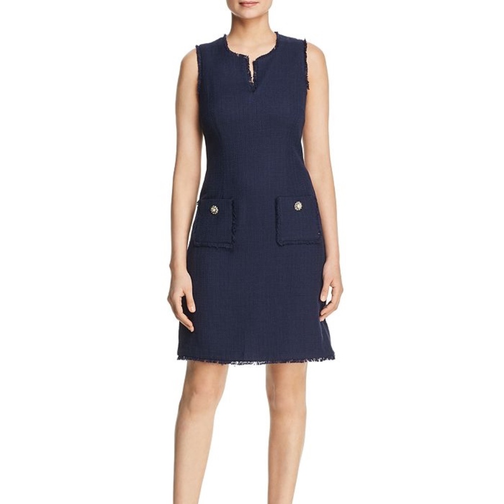 KARL LAGERFELD PARIS Sleeveless Tweed Pocket Sheath Black Dress